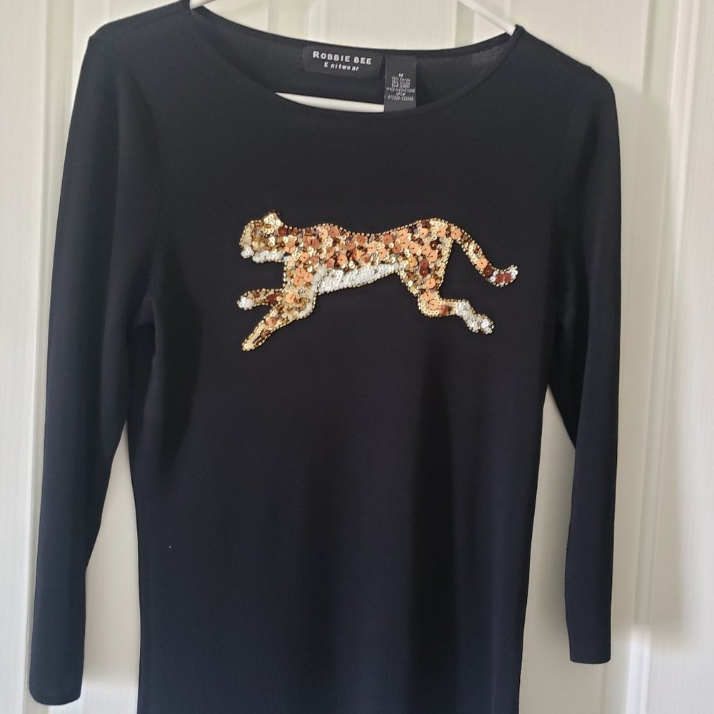 Robbie Bee black CHEETAH top sequined MEDIUM NICE!